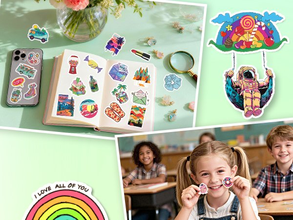 Collage of colorful stickers and children in a classroom setting. Stickers include a retro van, a gumball machine, and an astronaut on a swing.
