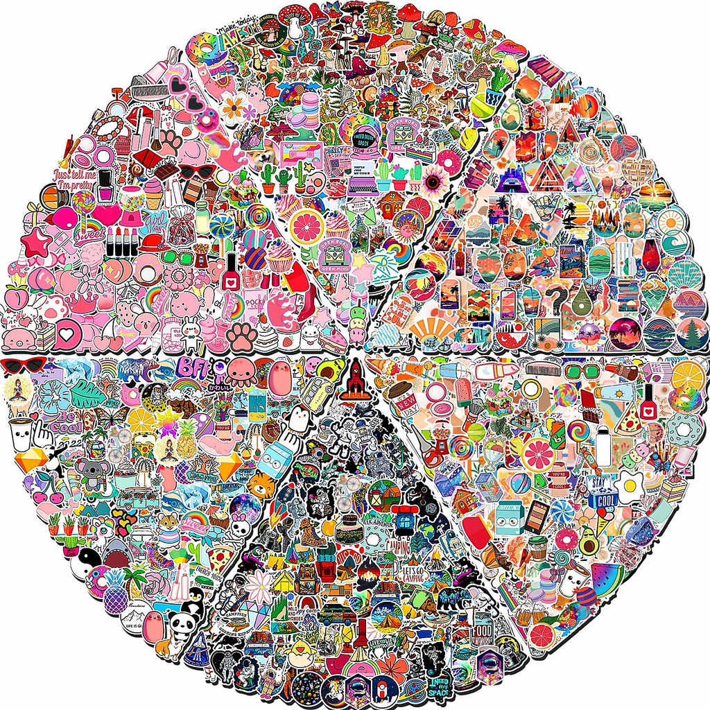 Collage of colorful vinyl stickers featuring various designs like food, animals, nature, and abstract art, arranged in a circular pattern.