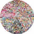 Collage of colorful vinyl stickers featuring various designs like food, animals, nature, and abstract art, arranged in a circular pattern.
