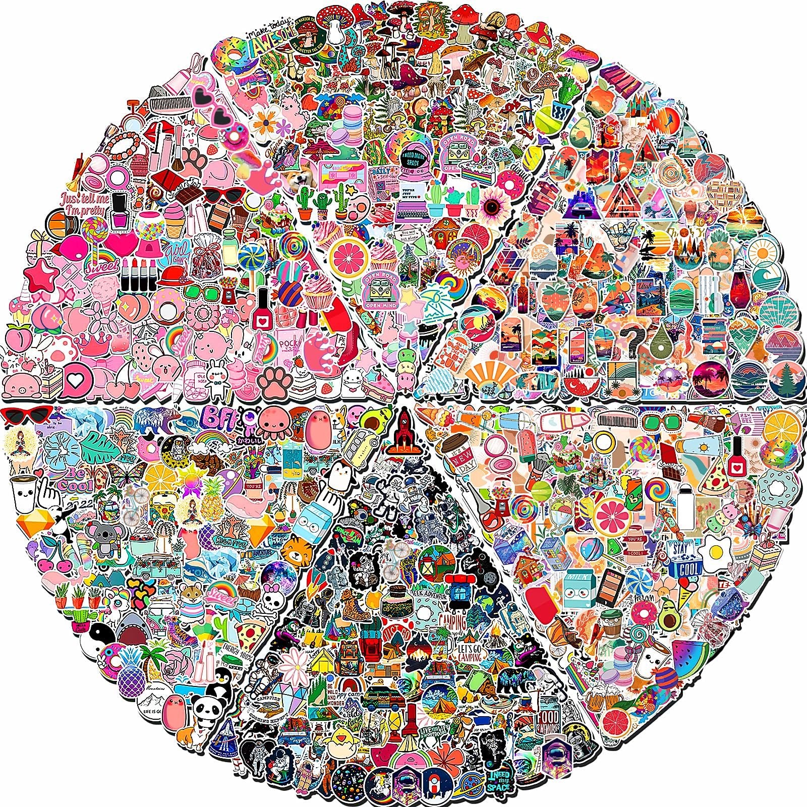 Collage of colorful vinyl stickers featuring various designs like food, animals, nature, and abstract art, arranged in a circular pattern.