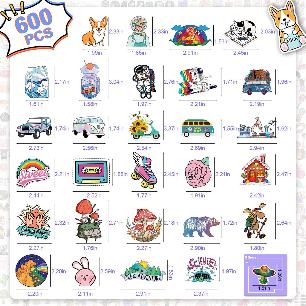 Collage of 600 colorful vinyl art stickers featuring various designs like corgis, astronauts, flowers, and vehicles, with dimensions indicated.
