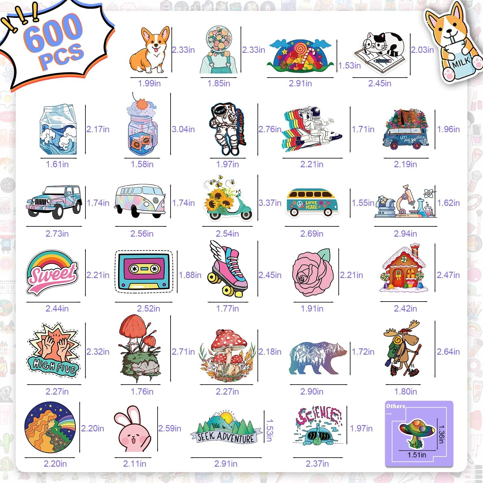 Collage of 600 colorful vinyl art stickers featuring various designs like corgis, astronauts, flowers, and vehicles, with dimensions indicated.