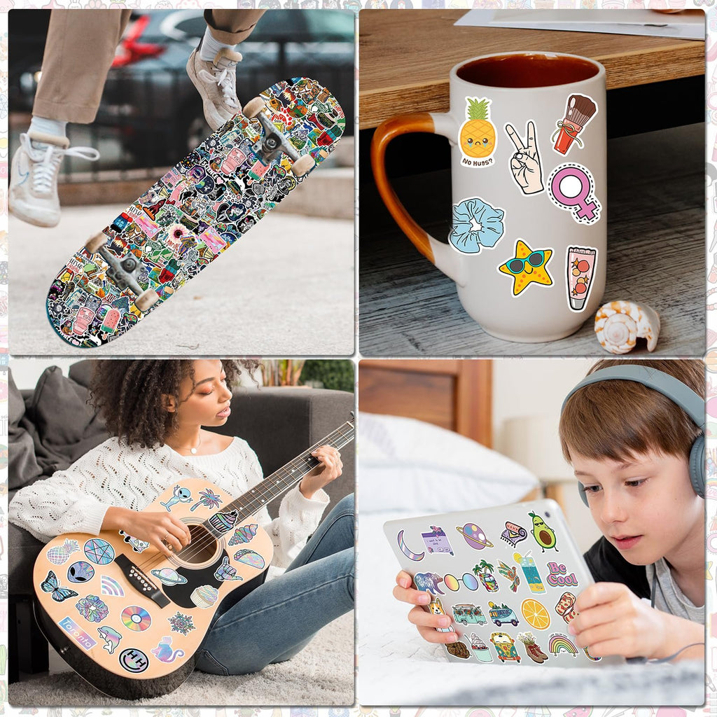 Collage of four lifestyle images showing colorful vinyl stickers applied to a skateboard, mug, guitar, and laptop.