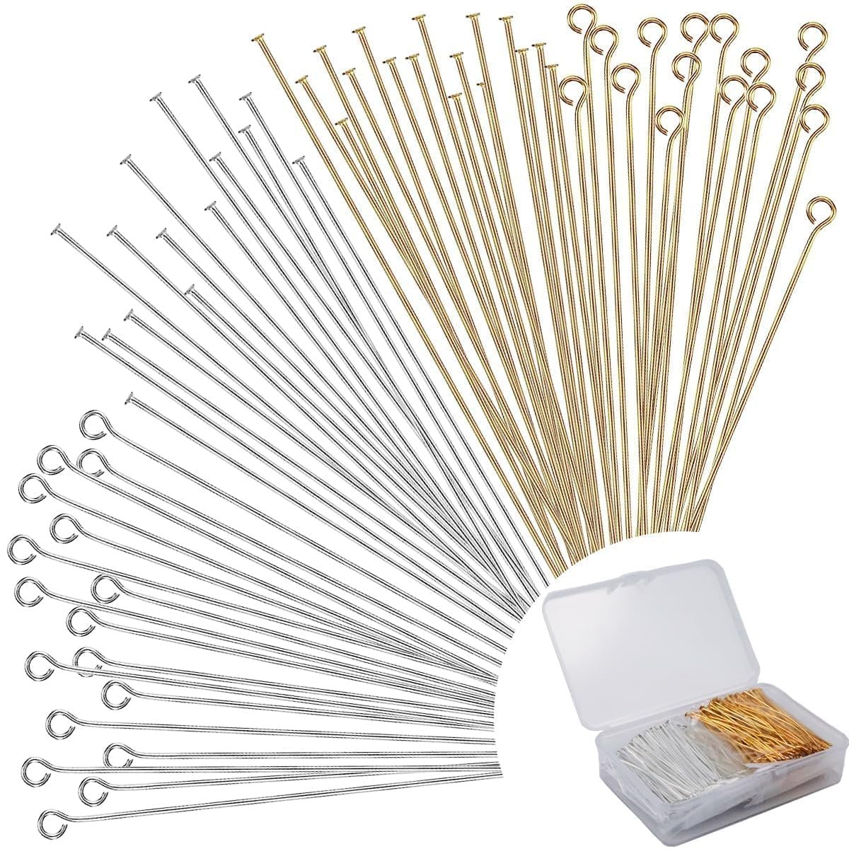 Assortment of gold and silver jewelry pins, including flat head and eye pins, displayed fanned out with a clear storage box in the corner.