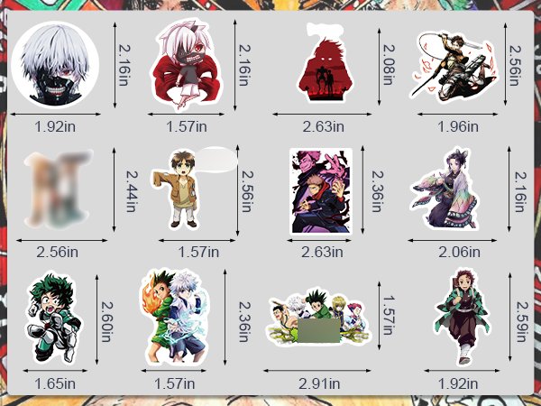 Collection of anime character stickers with dimensions shown, arranged in a grid on a patterned background.
