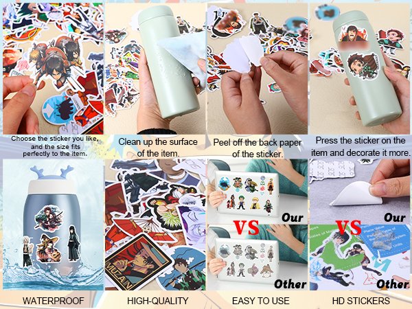 Collage showing how to apply anime stickers to bottles and laptops, with examples of waterproof and high-quality decals.