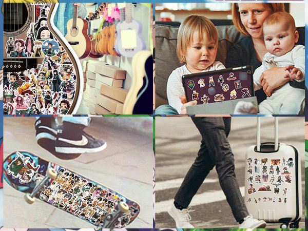 Collage of anime stickers applied to various items including guitars, a tablet, a skateboard, and a suitcase.