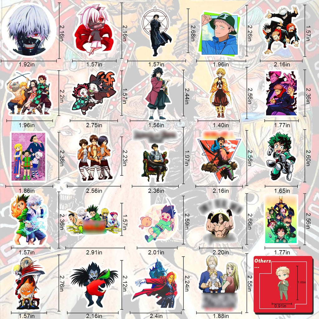 Collage of various anime character stickers with size indicators in inches.