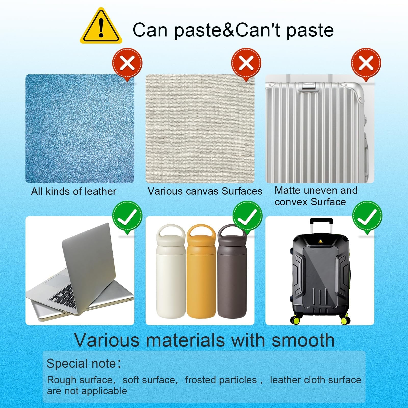 Graphic showing surfaces where stickers can and cannot be applied, with examples of leather, canvas, luggage, laptop, and water bottles.