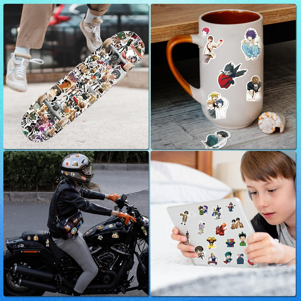 Collage of anime stickers applied to a skateboard, mug, motorcycle, and tablet.
