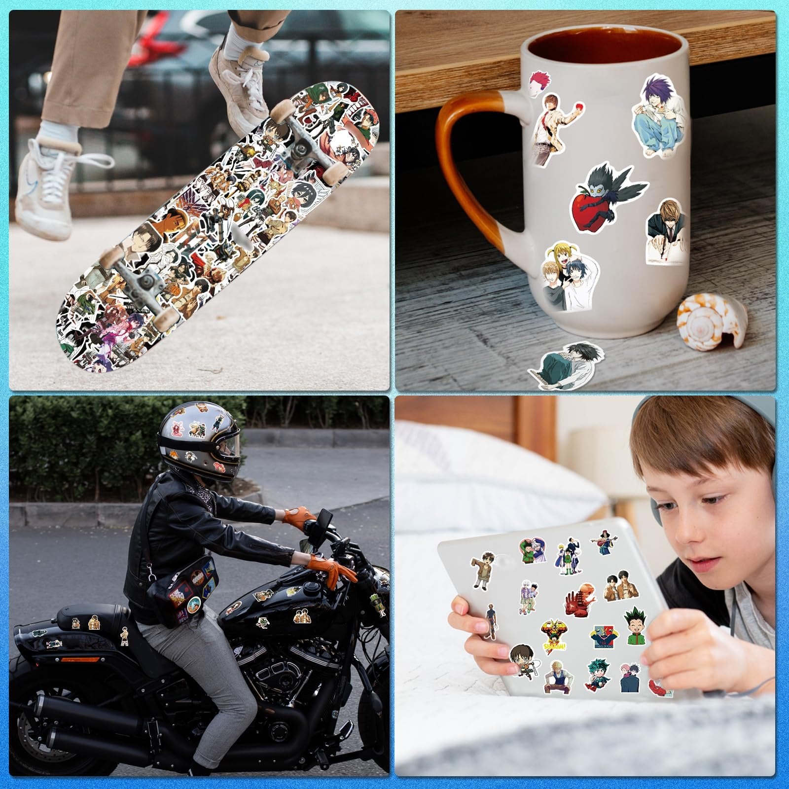 Collage of anime stickers applied to a skateboard, mug, motorcycle, and tablet.