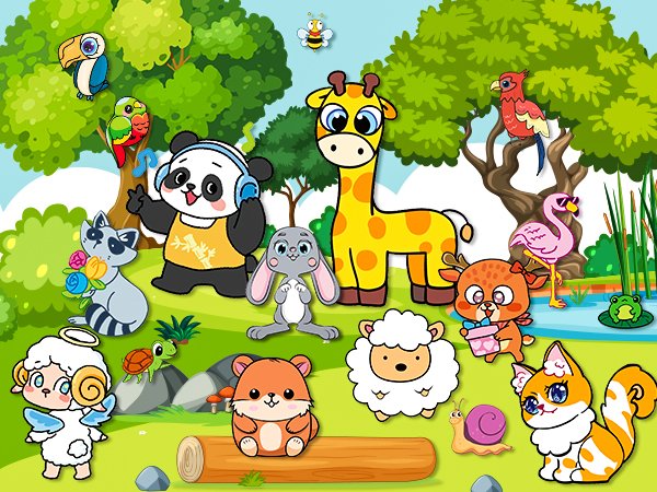 Collection of cute cartoon animals including a panda, giraffe, sheep, and cat in a forest setting.