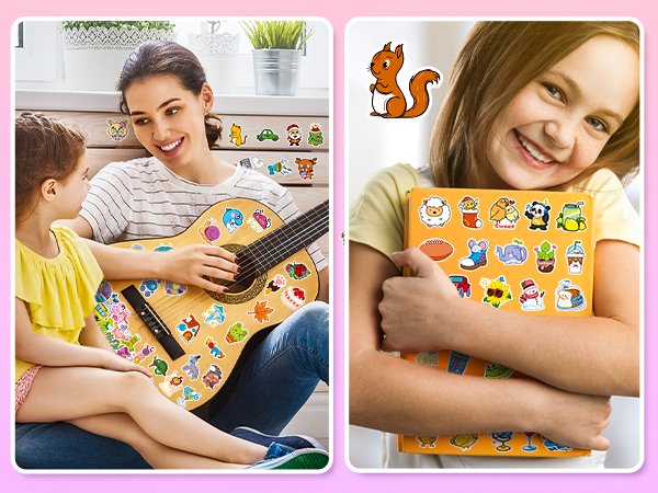 Mother and daughter decorating a guitar and book with colorful vinyl stickers.