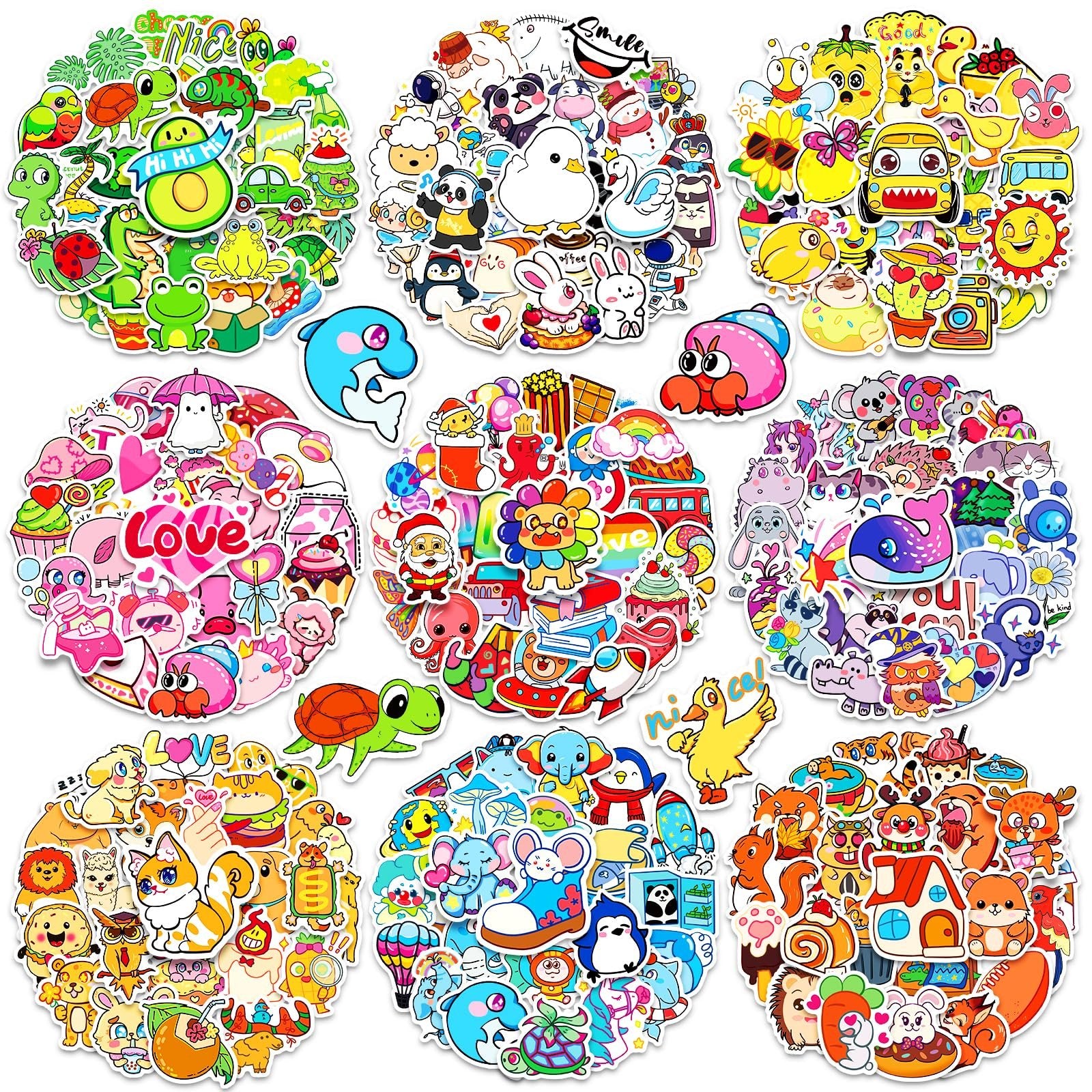 Collage of nine circular arrangements of colorful, cute vinyl stickers featuring animals, food, and objects.