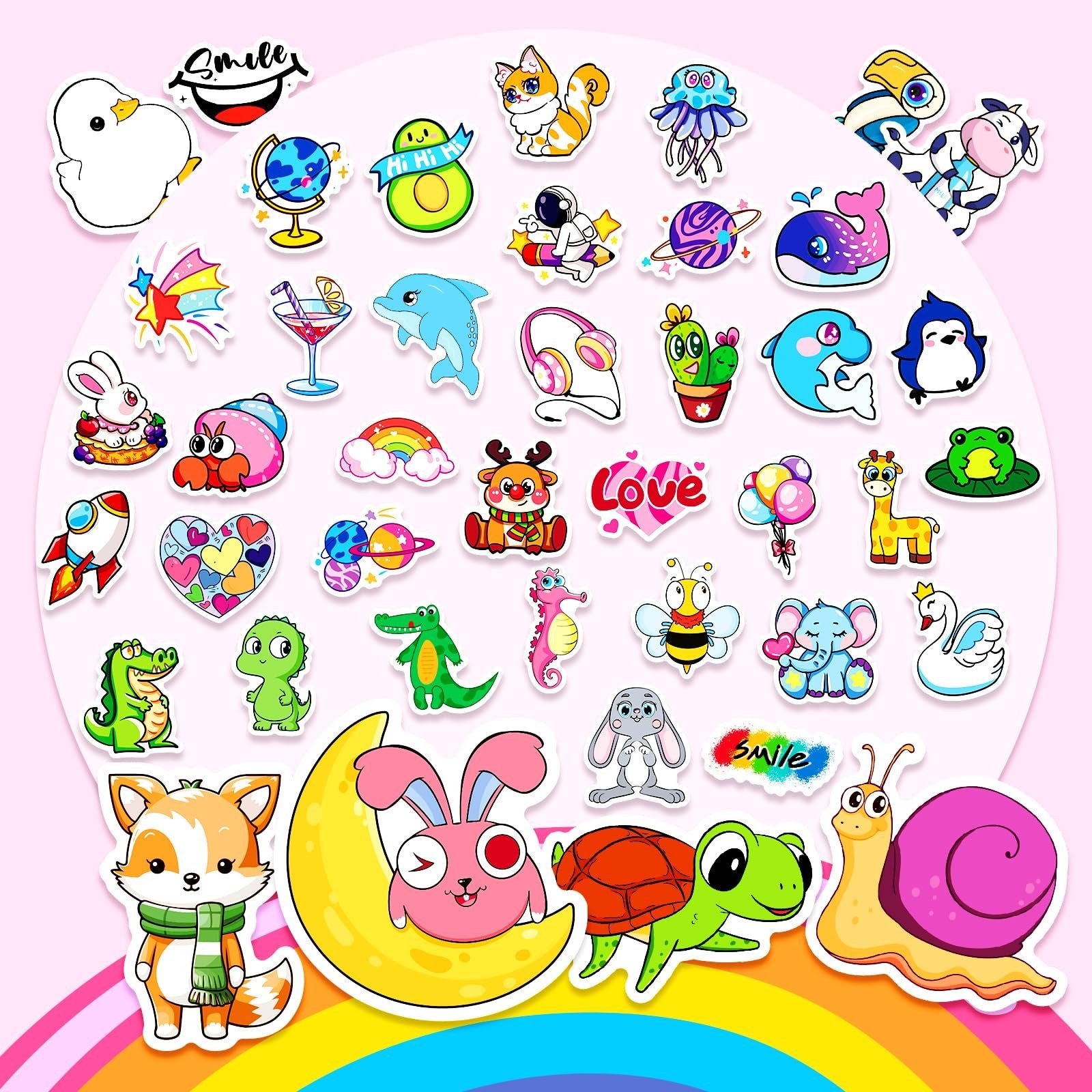 Assortment of cute cartoon animal and object stickers including a fox, rabbit, turtle, snail, duck, dolphin, and planets.