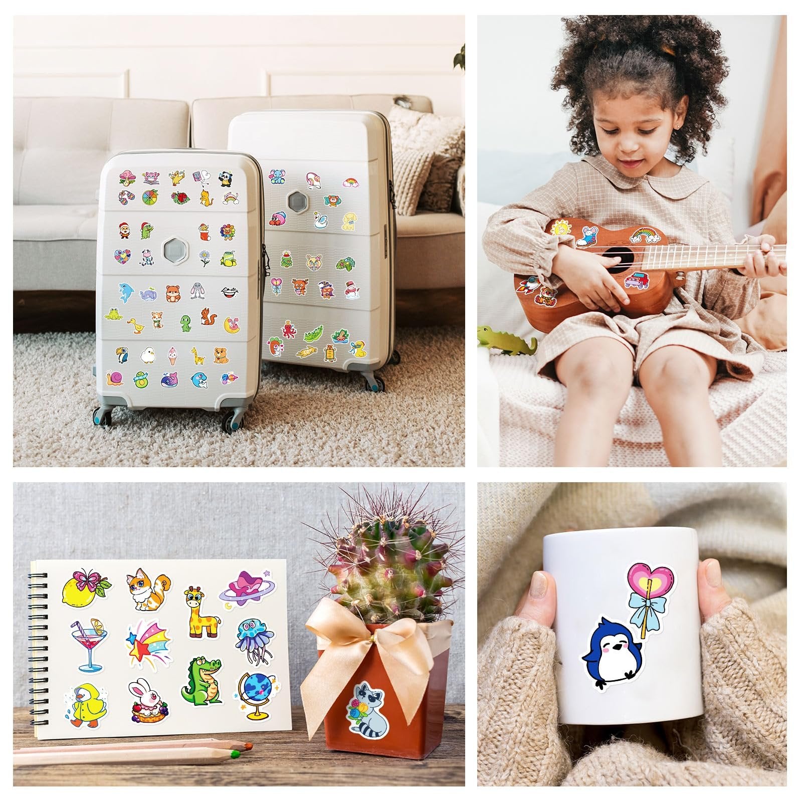 Collage of cute vinyl stickers applied to various items like luggage, a ukulele, a notebook, and a mug.