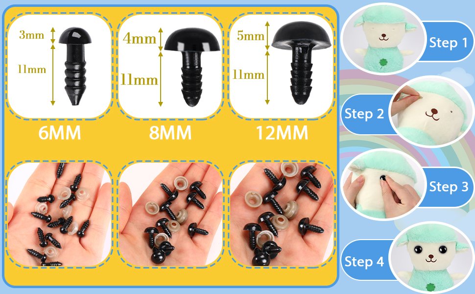 Black plastic safety eyes in three sizes (6mm, 8mm, 12mm) with washers, shown in hand and with measurement callouts. Includes step-by-step instructions for attaching eyes to a stuffed sheep.