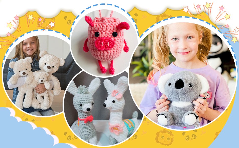 Collage of children holding handmade crochet animals and stuffed bears.