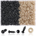 Black plastic safety eyes and beige washers in a clear divided container, with individual pieces shown below.
