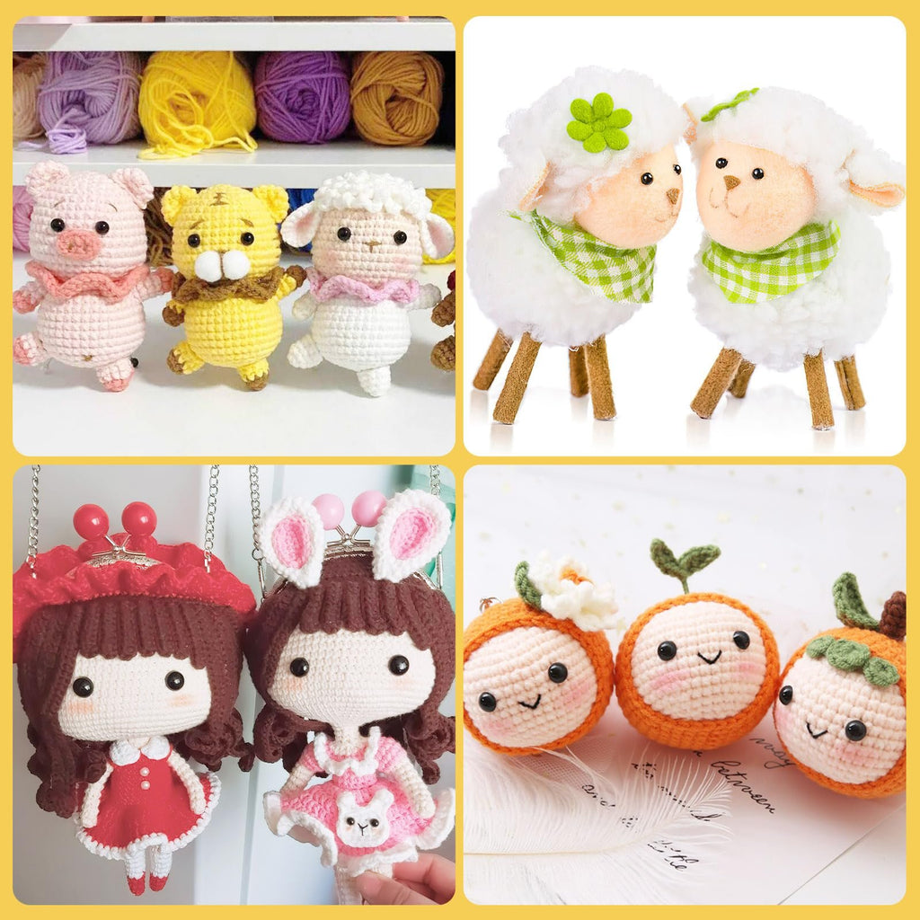 Collage of four crochet craft projects: stuffed animals, doll purses, and fruit keychains.