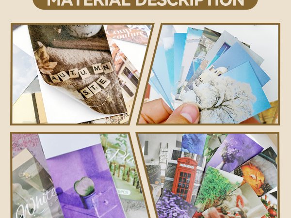 Collage of vintage washi stickers featuring nature scenes, text, and objects like a red phone booth.