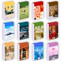 Twelve packs of vintage washi stickers, each with a different themed illustration and title, arranged in a grid.