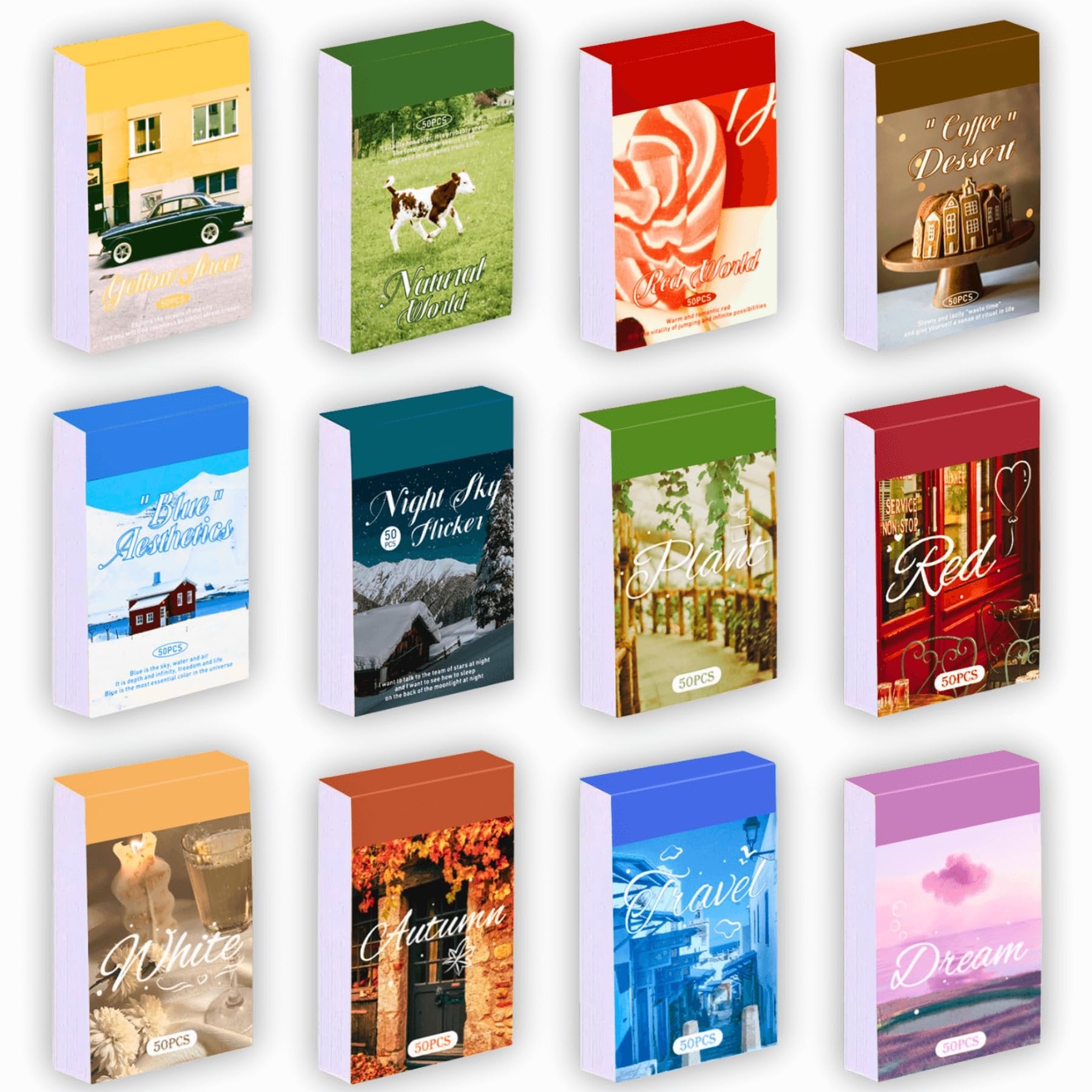 Twelve packs of vintage washi stickers, each with a different themed illustration and title, arranged in a grid.