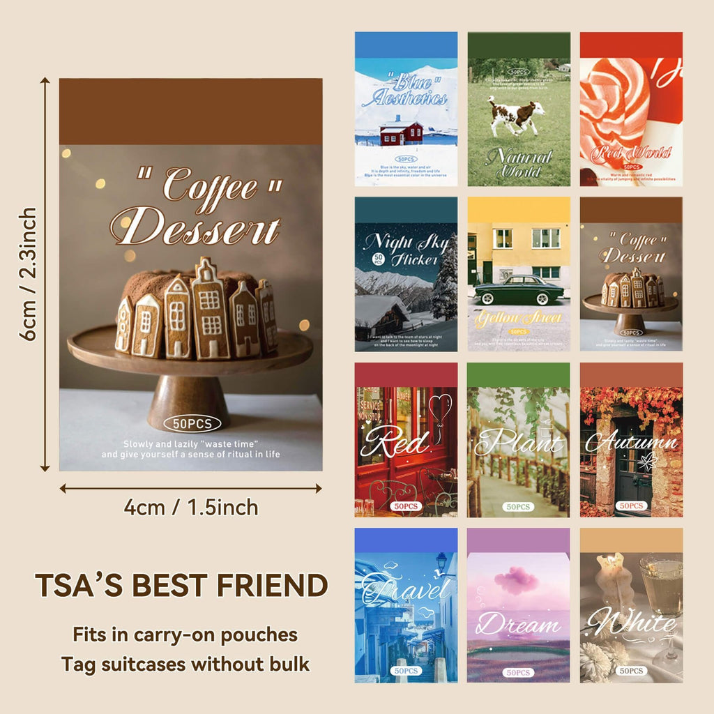 Collage of vintage washi sticker packs with themes like coffee, dessert, nature, and travel.