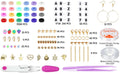 Flat lay of jewelry making kit including polymer clay beads, alphabet beads, charms, findings, elastic string, and tools.