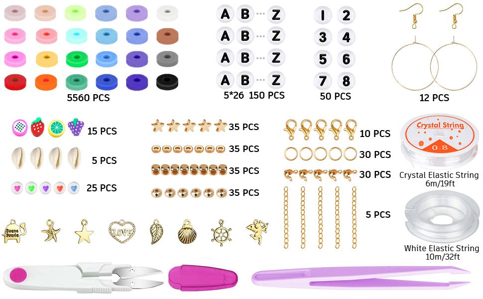Flat lay of jewelry making kit including polymer clay beads, alphabet beads, charms, findings, elastic string, and tools.