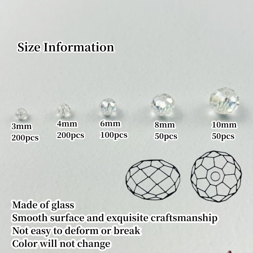 Clear faceted glass beads in various sizes with size and quantity information below, plus diagrams of bead facets.