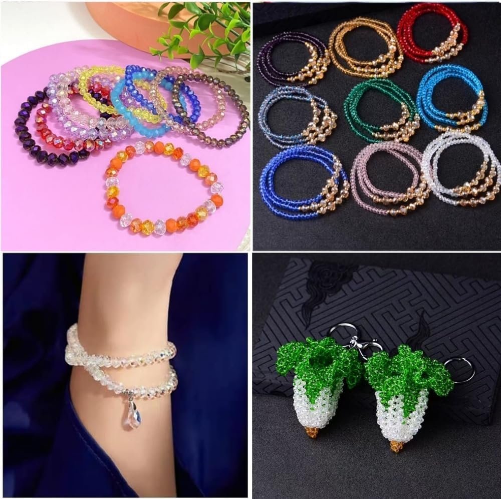 Collage of beaded bracelets and keychains, including colorful bracelets on pink and black backgrounds, and a clear bracelet on an arm.