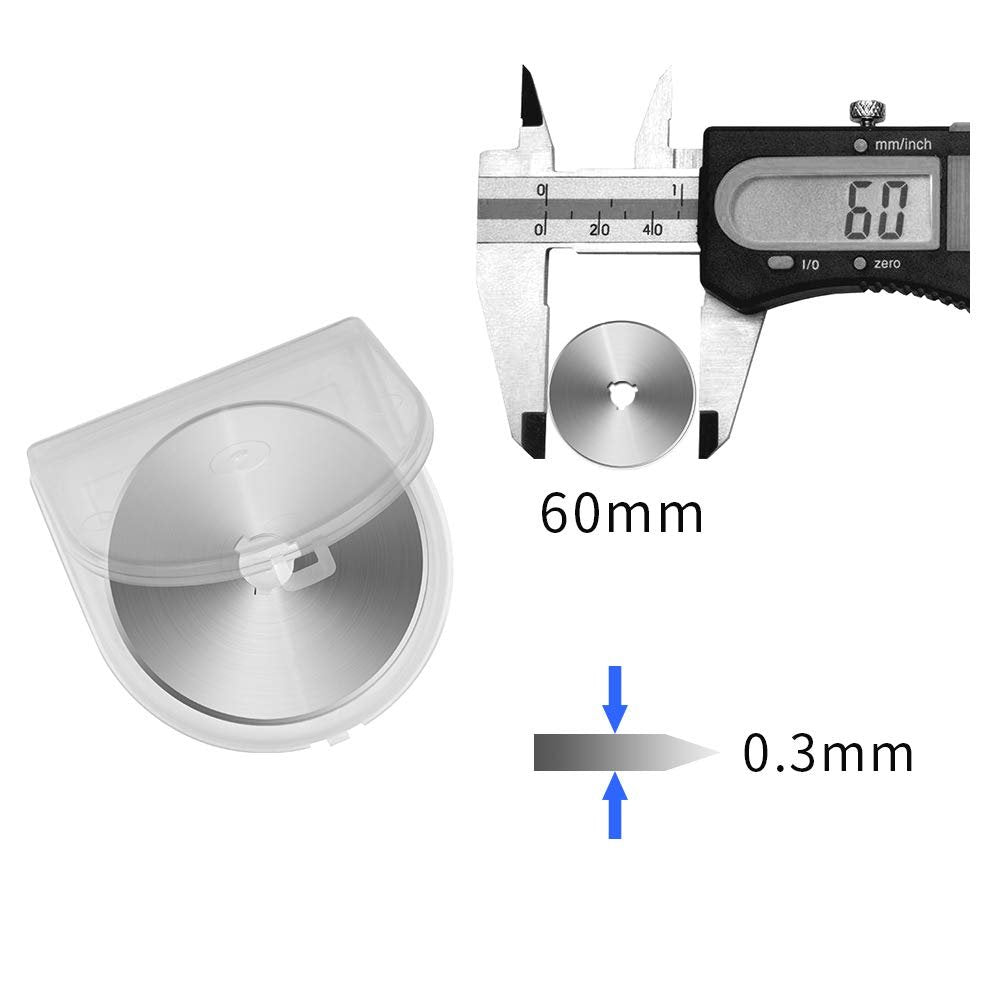 60mm rotary cutter replacement blade in plastic case and being measured by digital calipers, showing 60mm diameter and 0.3mm thickness.
