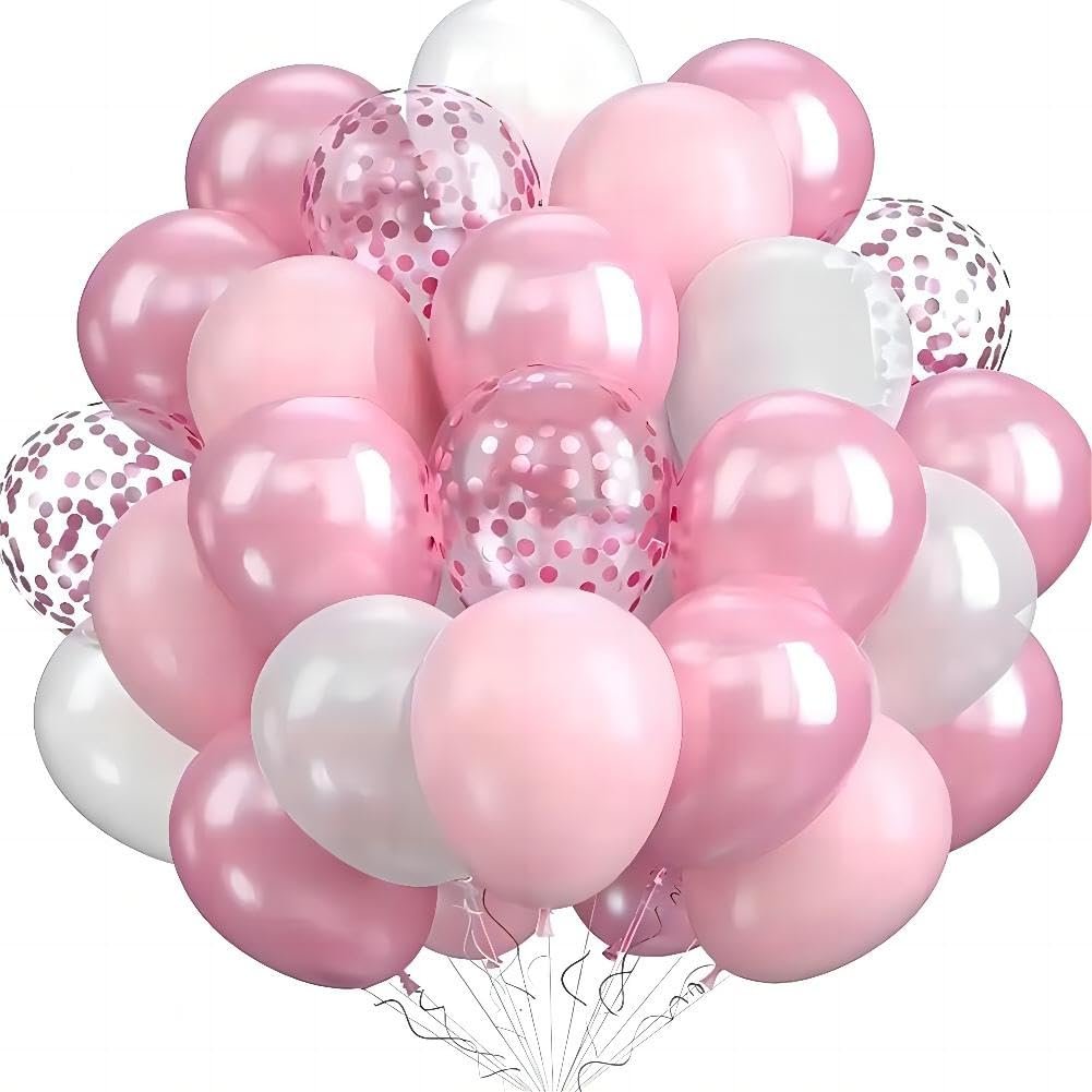 A large cluster of light pink, metallic pink, and white latex balloons, some with confetti, against a white background.