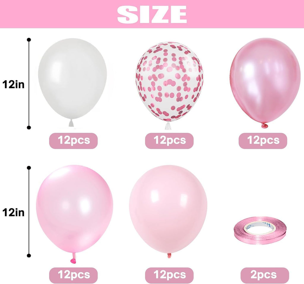Set of 12-inch balloons in white, confetti, metallic pink, and solid pink, with ribbon spool.
