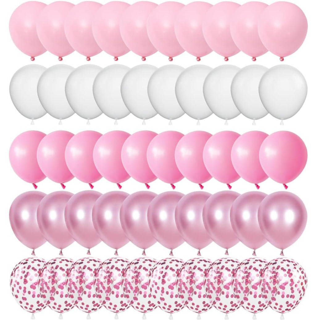 A collection of 60 balloons in light pink, metallic pink, white, and confetti styles arranged in rows against a white background.