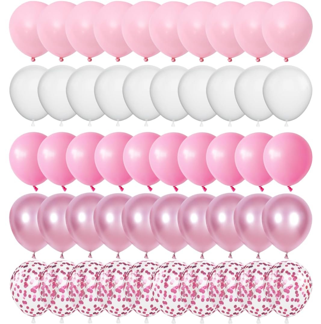 A collection of 60 balloons in light pink, metallic pink, white, and confetti styles arranged in rows against a white background.