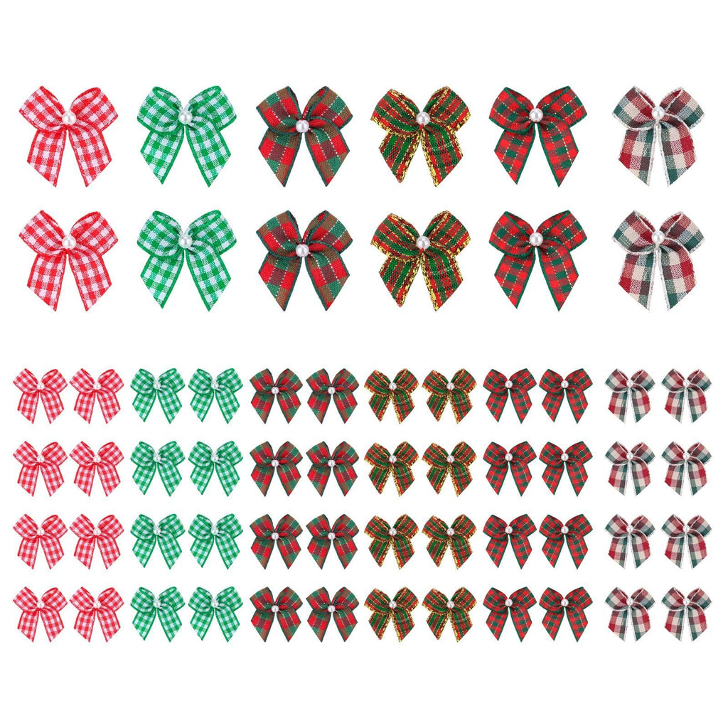 Collection of 60 mini Christmas ribbon bows in various plaid patterns and colors, each with a small pearl accent.