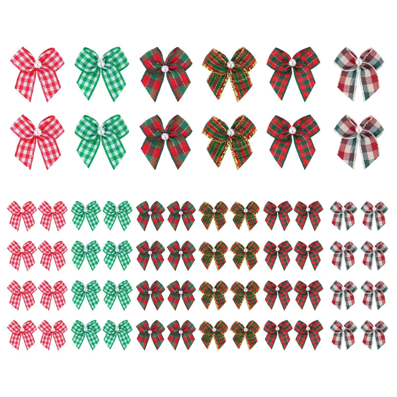 Collection of 60 mini Christmas ribbon bows in various plaid patterns and colors, each with a small pearl accent.