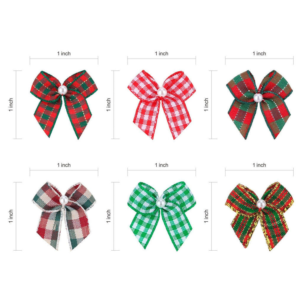 Six Christmas plaid ribbon bows with pearl centers, each with inch measurements indicating 1-inch size.