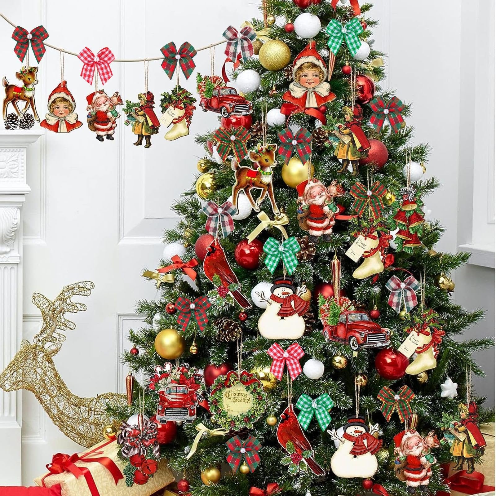 Christmas tree decorated with various ornaments including bows, reindeer, Santa figures, snowmen, and red trucks.