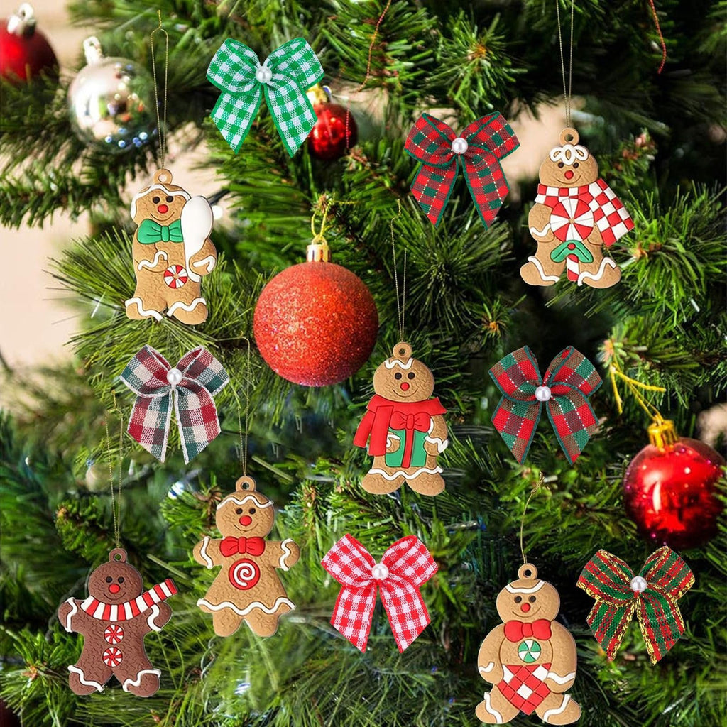 Christmas tree decorated with gingerbread man ornaments and plaid ribbon bows with pearls