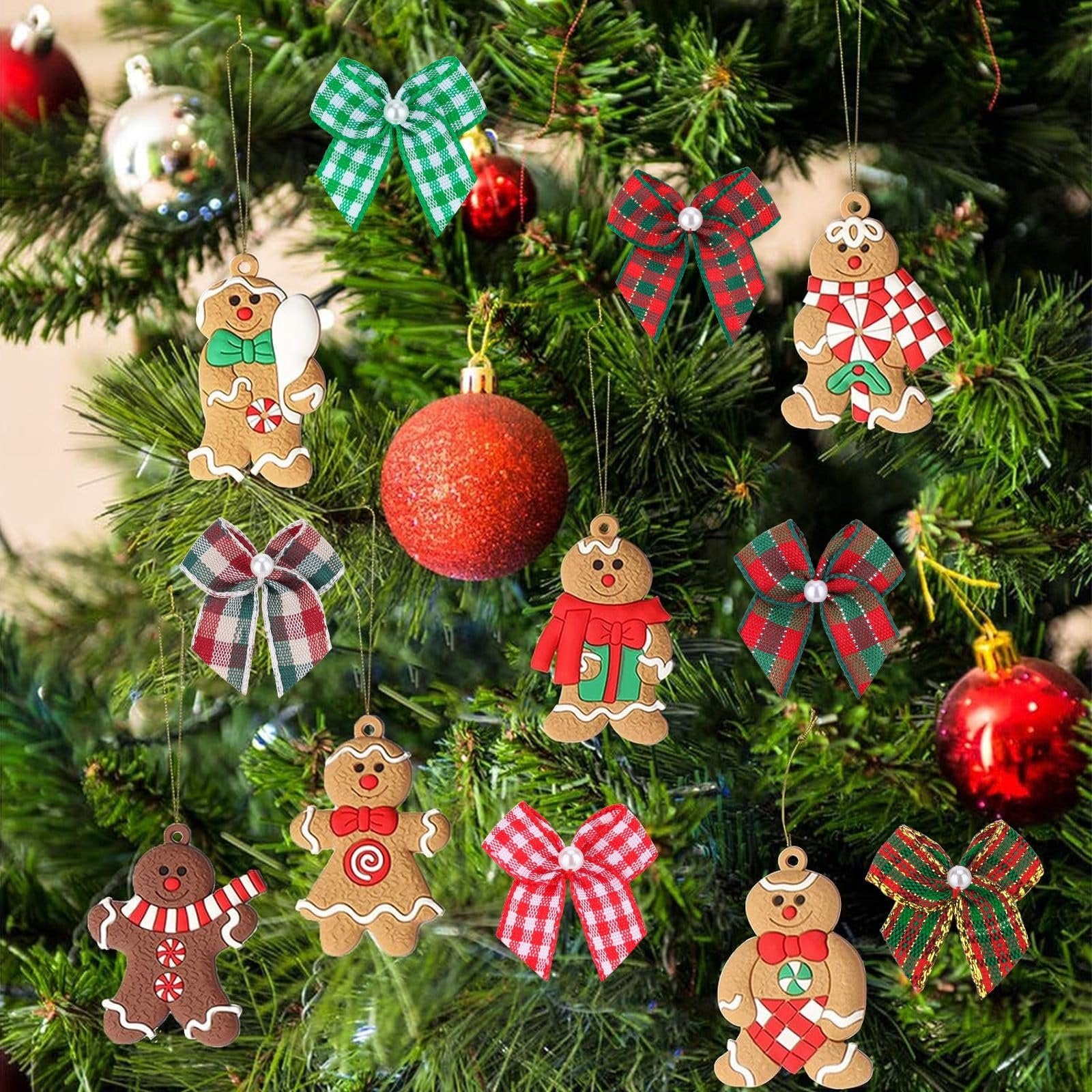 Christmas tree decorated with gingerbread man ornaments and plaid ribbon bows with pearls