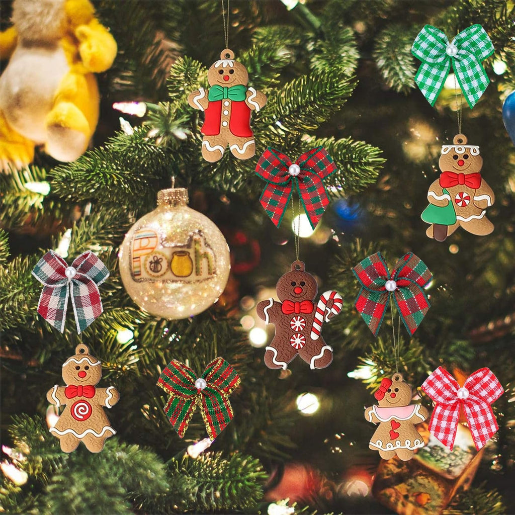 Christmas tree decorated with gingerbread man ornaments and plaid bows