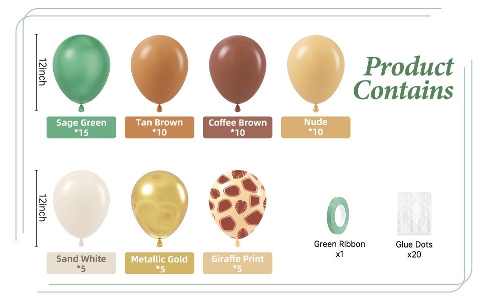 Safari balloon set contents including sage green, tan, coffee, nude, sand white, metallic gold, and giraffe print balloons, green ribbon, and glue dots.