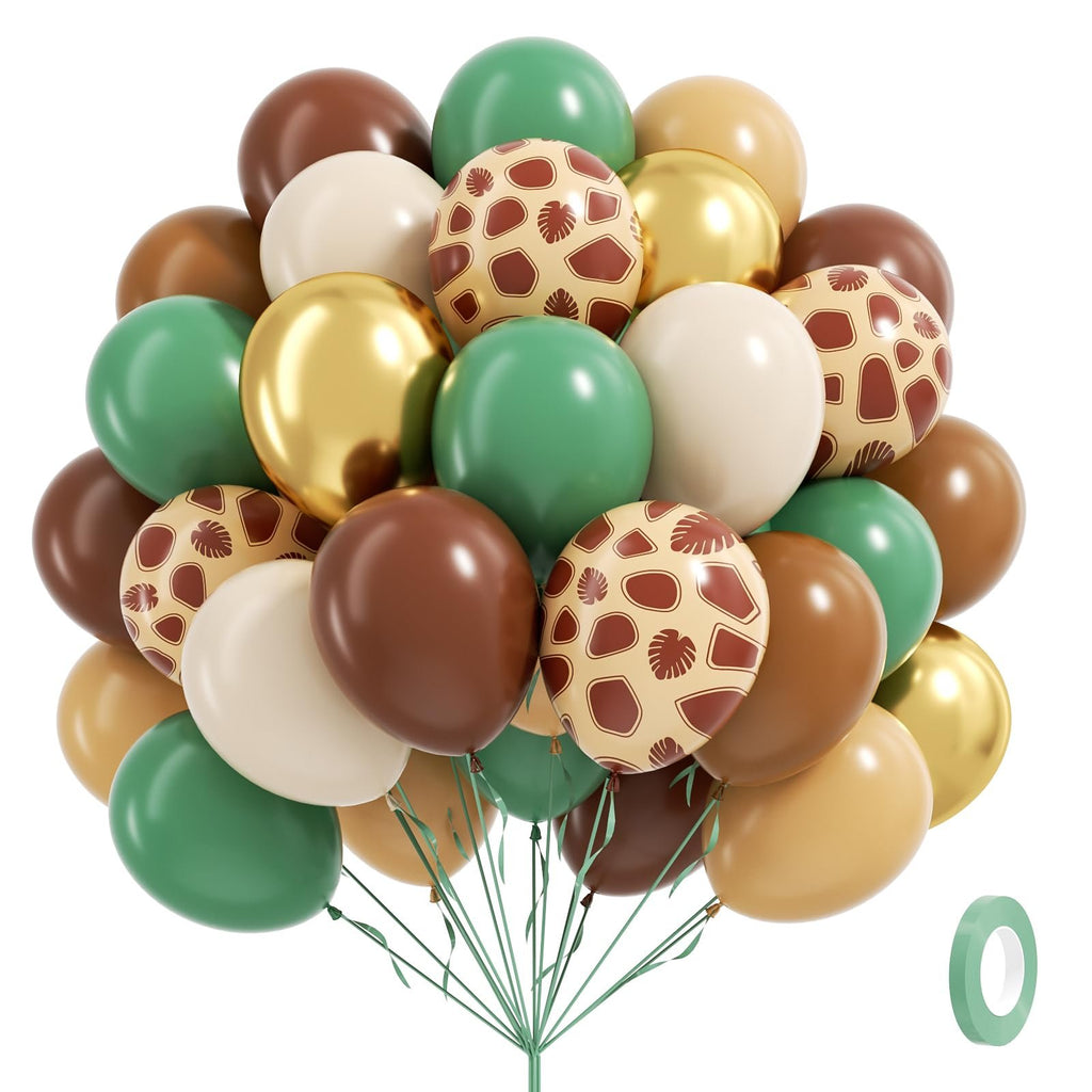 Bunch of safari-themed balloons in various colors including sage green, brown, gold, and cream, with giraffe print patterns.