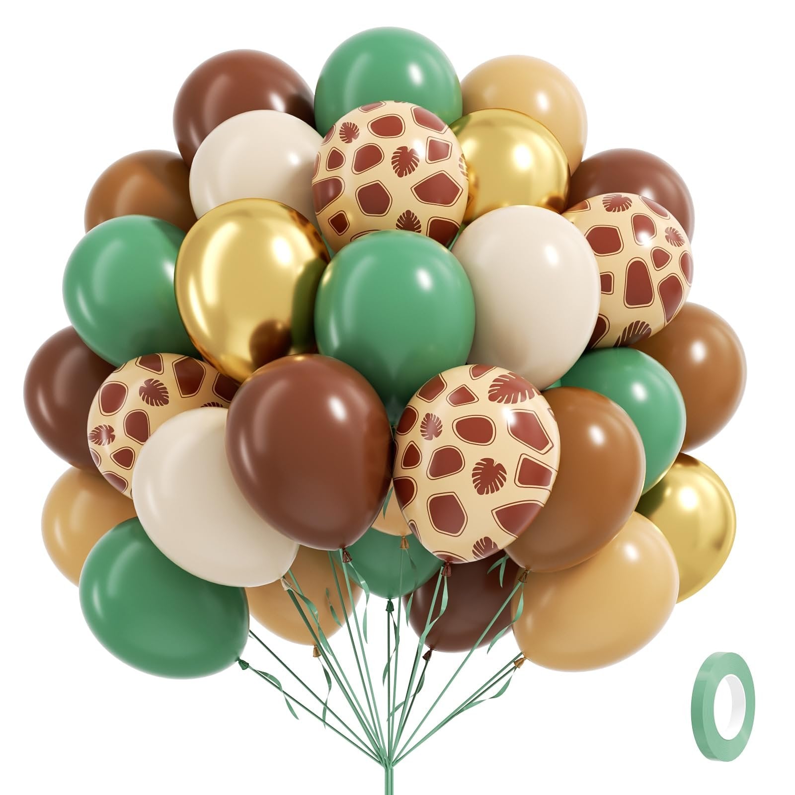 Bunch of safari-themed balloons in various colors including sage green, brown, gold, and cream, with giraffe print patterns.
