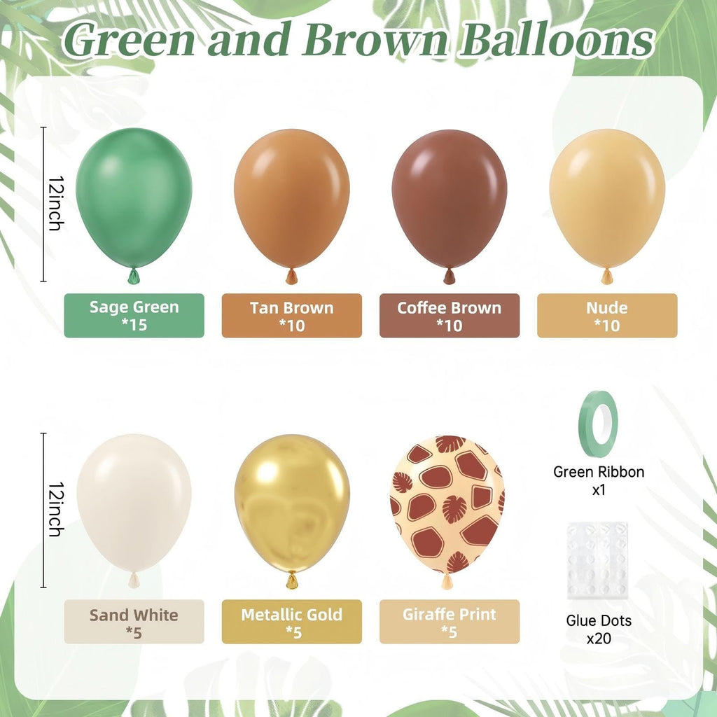 Collection of 12-inch balloons in sage green, tan brown, coffee brown, nude, sand white, metallic gold, and giraffe print, with green ribbon and glue dots.