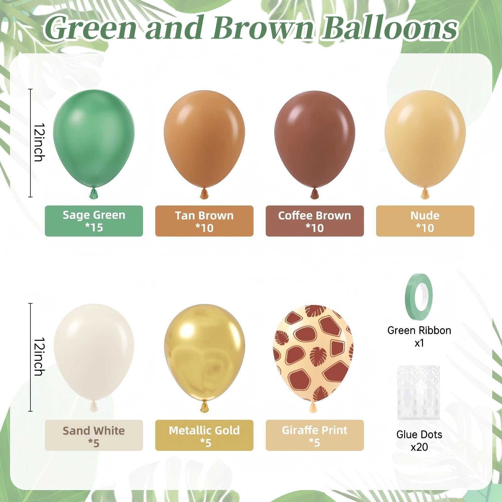 Collection of 12-inch balloons in sage green, tan brown, coffee brown, nude, sand white, metallic gold, and giraffe print, with green ribbon and glue dots.