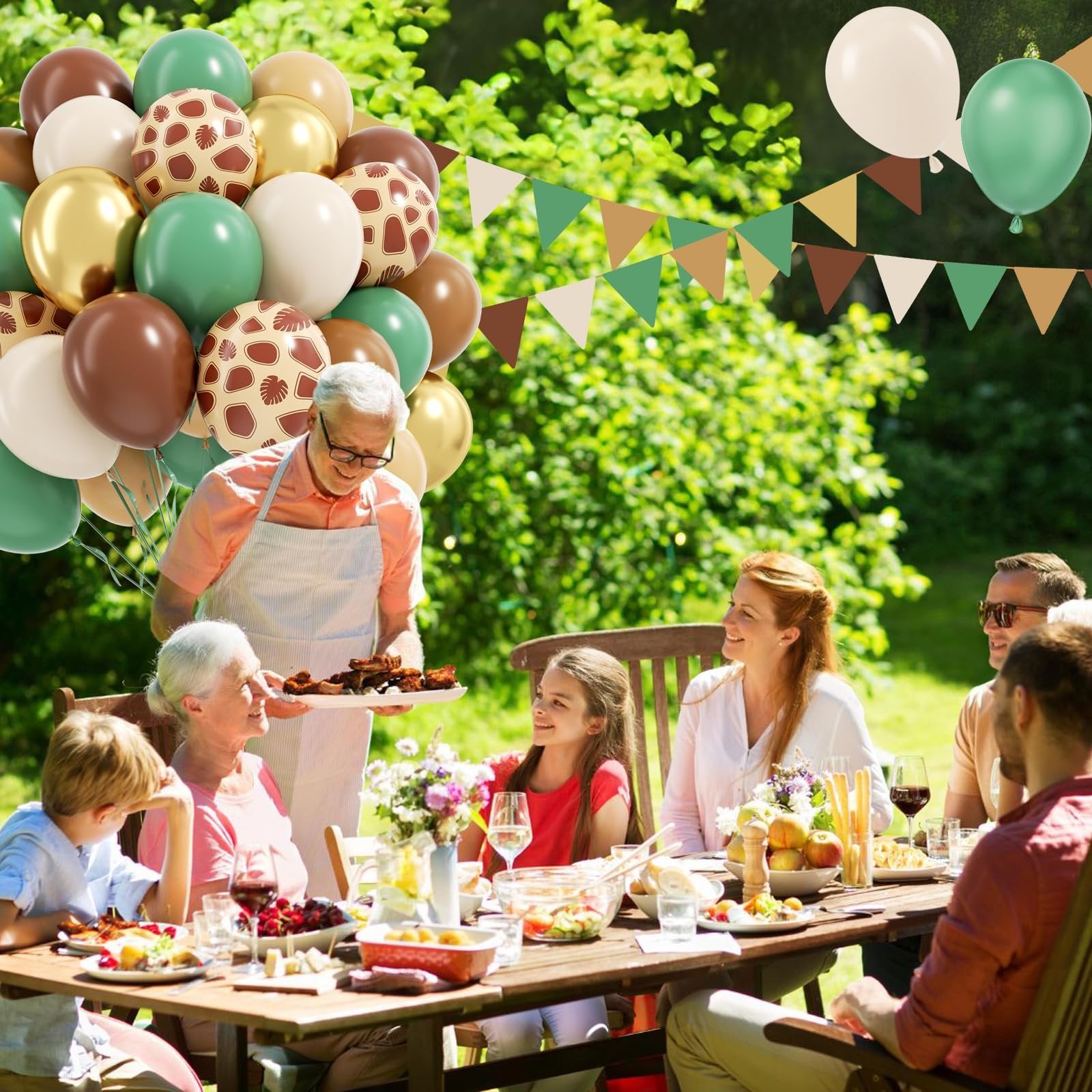 Family enjoying an outdoor barbecue with safari-themed balloons and bunting overhead